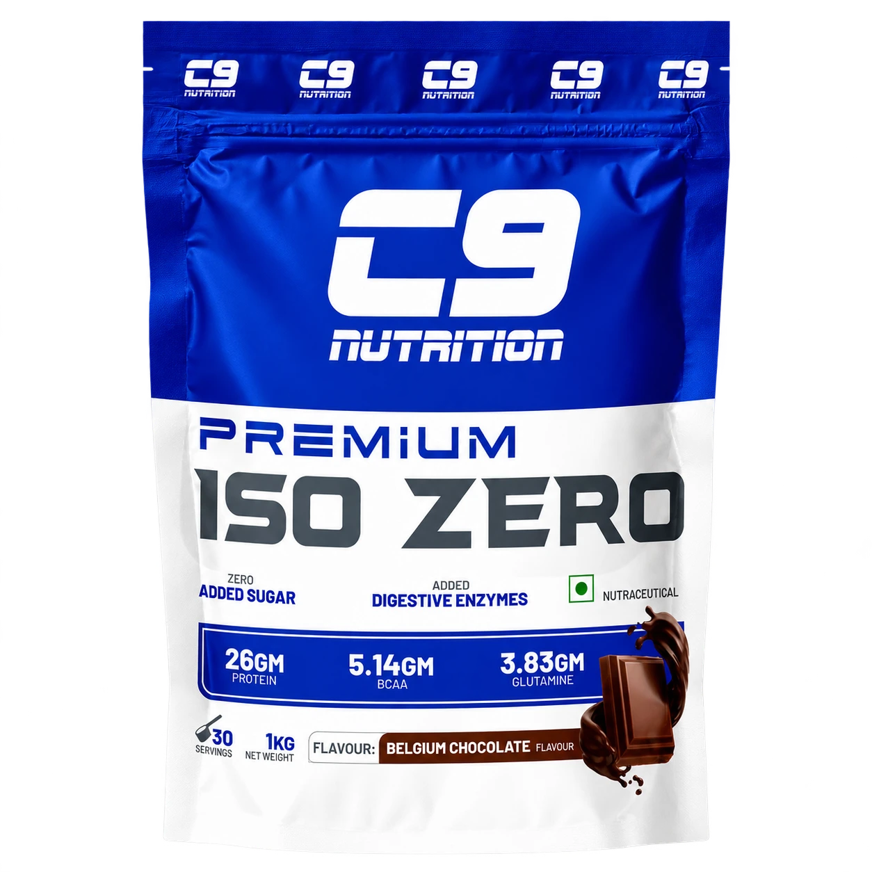 C9 Nutrition ISO Zero Belgium Chocolate 1 kg pouch, current 26 g protein and 30-serving packaging