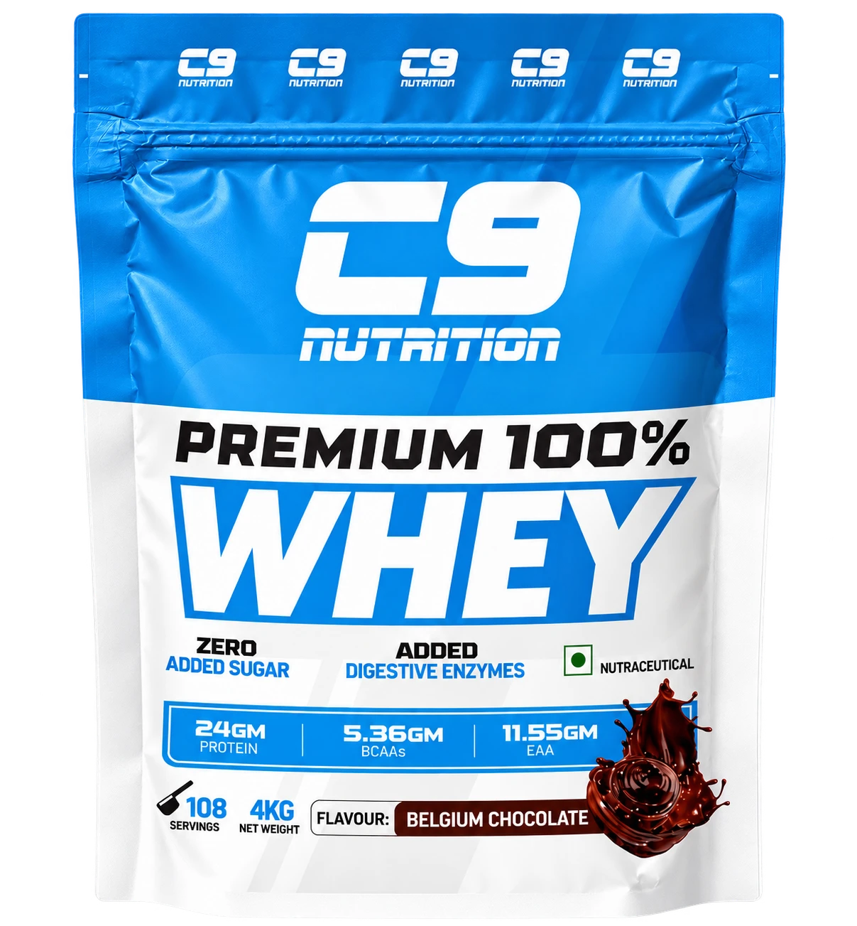 Illustrative C9 Nutrition 100% Whey Belgium Chocolate 4 kg pouch (108 servings estimated from 1 kg pack)