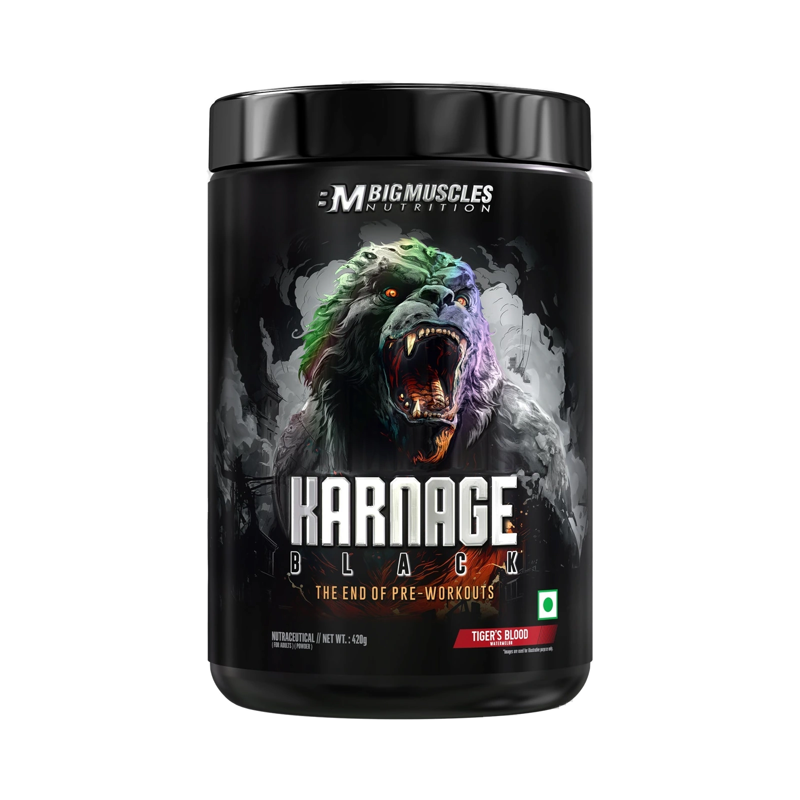 BigMuscles Nutrition Karnage Black Pre-Workout — Tiger's Blood, 420g — transparent front product packshot