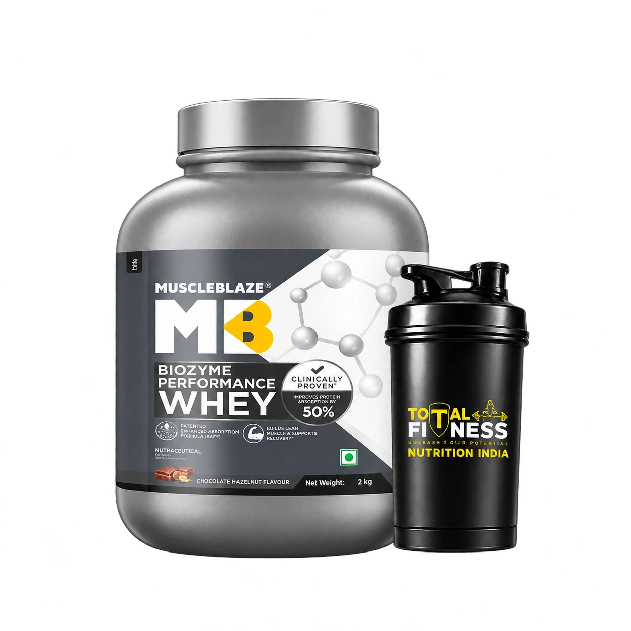MuscleBlaze Biozyme Performance Whey 2kg Chocolate Hazelnut with Total Fitness shaker, both fully visible